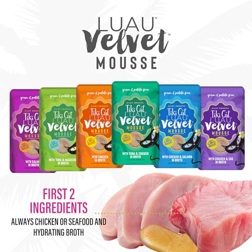 Tiki Cat Velvet Mousse, Protein Blend in Broth Variety Pack, Complete Nutrition for Balanced Diet, Wet Cat Food For All Life Stages, 2.8 oz. Pouch