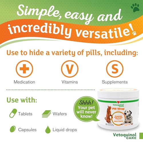 Vetoquinol Pill Wrap Treats for Dogs & Cats – 4oz, 56 servings – Hides Any Size, Shaped Pill – Moist, Flavorful & Shapeable Pill Pocket Paste