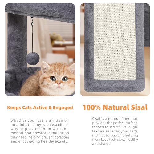YOUPET Cat Tree with Cat Scratching Post for Indoor Cats, Cat Tower with Scratching Board and Playful Toy Balls, Cat Tree Tower with Cozy Hammock,Grey