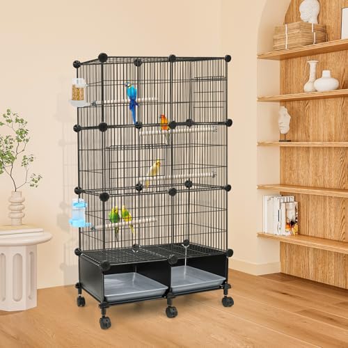 VISCOO Upgraded Encrypted 46-Inch Bird Cage, with Wooden Perches, Metal Parakeet Cage with Slide-Out Tray, Water Bottle&Feeder, Bird Cages for
