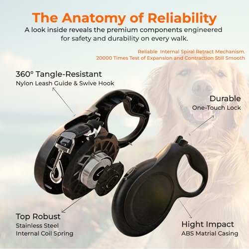 26ft Retractable Dog Leash for Large Dogs up to 110 lbs, with Waste Bag Dispenser, 8m Durable Strong Nylon Tape, 360° Tangle-Free, One-Handed