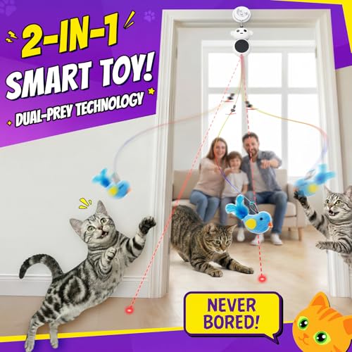 Interactive Cat Toys for Indoor Cats: 2 in 1 Laser Pointer Cat Toy with Automatic Flying Bird & Mouse Wand, Smart Motion Mode Adjustable Speed, USB