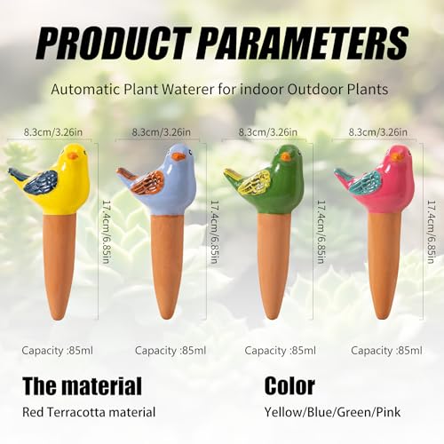 4 Pack Self Watering Bird Shaped Globes, Terracotta Vacation Planters Devices with Slow Release Automatic Watering Spikes, Plant Watering Pots for