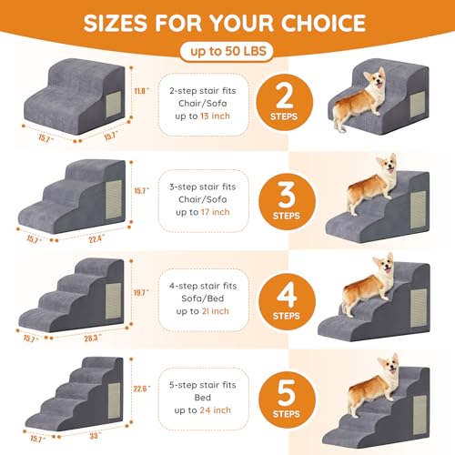 Dogs Steps for Bed, Dog Stairs for Small Dogs, 2-Step Dog Ramp for Bed, Couch, Sofa, and Chairs, Non-Slip Bottom Design, Cat Scratching, High Density