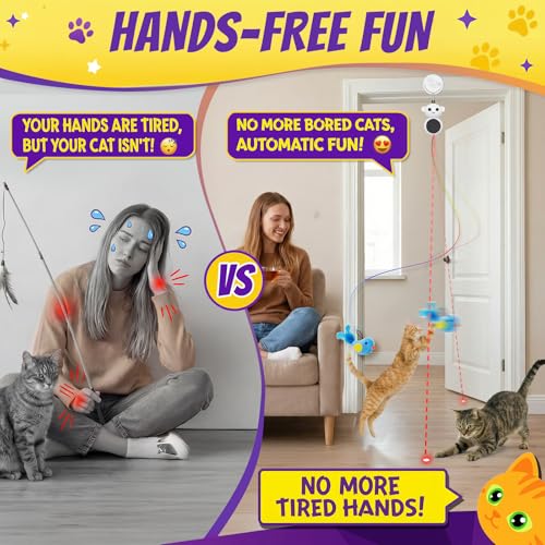 Interactive Cat Toys for Indoor Cats: 2 in 1 Laser Pointer Cat Toy with Automatic Flying Bird & Mouse Wand, Smart Motion Mode Adjustable Speed, USB