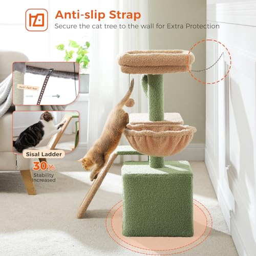 PETEPELA Cactus Cat Tree for Indoor Cats, 32'' Small Cat Tower Cat Condo with Sisal Scratching Ramp, Cozy Hammock and Removable Top Bed Perch for