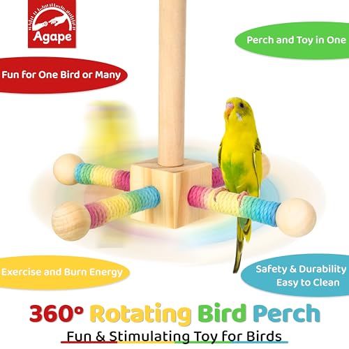Agape Bird Toy, Parrot 360° Interactive Rotating Perch, Bird Cage Accessories for Small and Medium Parrots to Expend Energy, Wooden Stand for