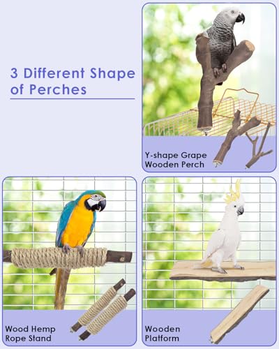 Bissap 5PCS Large Bird Perch Stand, Natural Wood Pole Standing Paw Grinding Fork Parrot Cage Branch with Rope for Macaw African Grey  Pet Medium