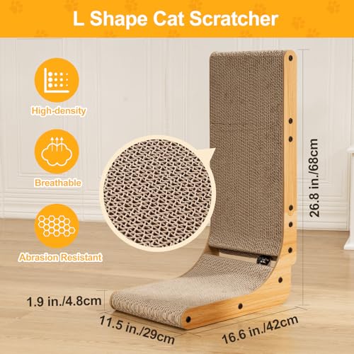Poils bebe L Shape Cat Scratcher, 26.8 Inch Cat Scratchers for Indoor Cats, Protecting Furniture Cat Scratch Pad, Cardboard Cat Scratching with Ball