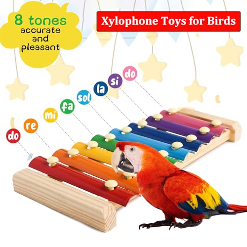Large Parrot Suspensible Xylophone Toy, Multicolored Natural Wooden Bird Chewing Toys with Grinding Stone for Large, Medium Birds, Macaws, African