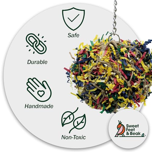 3” Super Shredder Ball Bird Toy - Fun Foraging Toys for Birds w/ Colorful Paper & Wooden Treasures - Easy to Hang Shredding Toys for Birds - Bird