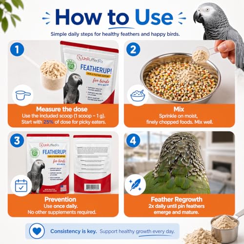 UnRuffledRx FeatherUp! Bird Molting Support & Feather Growth Supplement - for Plucking, Regrowth & Molt - Multivitamin & Amino Acids for All Birds