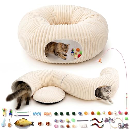 Cat Tunnel Bed with 40 Pcs Interactive Cat Toys, Cat Tube with Kitten Toys for Indoor Kittens, Collapsible Play Tunnel, White