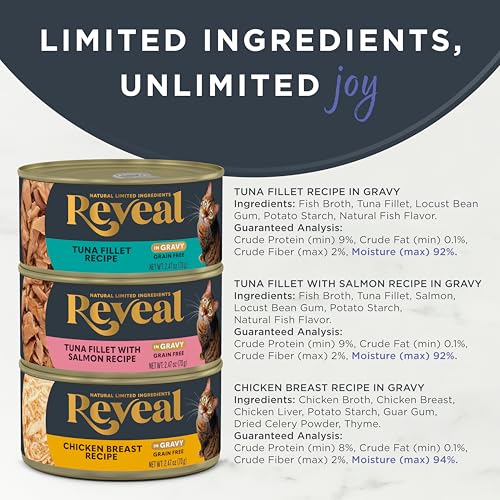 Reveal Natural Wet Canned Cat Food, Limited and Natural Ingredients, Grain Free, High Protein with No Artificial Additives, Fish and Chicken Variety
