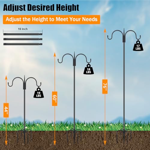 FEED GARDEN Heavy Duty Shepherds Hook 76" Double Hooks Adjustable (44/60/76") - Alloy Steel 5-Prong Base, 17lb Capacity - Easy Assembly Bird Feeder