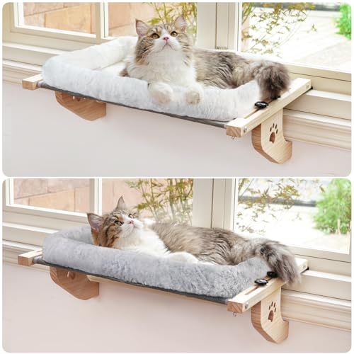 AMOSIJOY Cat Sill Window Perch Sturdy Hammock Seat with Cushion Bed Cover, Wood & Metal Frame for Large Cats, Easy to Adjust Windowsill, Bedside