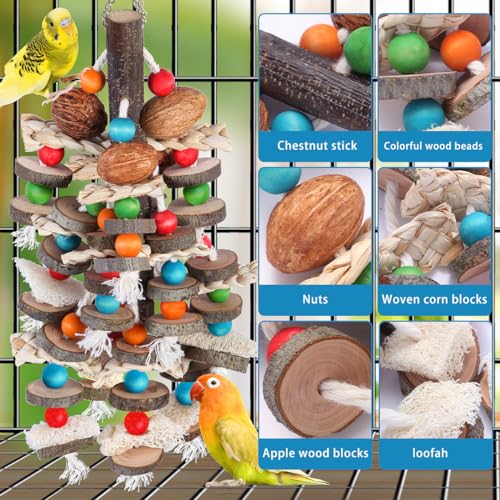 BBjinronjy Large Parrot Toys Bird Chewing Toys-Natural Nuts Corn Loofah Wooden Bird Cage Toy for African Grey,Macaws,Conure,Cokatoos,Cockatiel