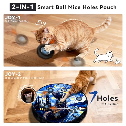 Interactive Cat Toy with Motion Activated Ball & 7-Hole Play Mat, Hide and Seek Exercise Game for Indoor Cats, Automatic Moving Cat Ball in Pouch