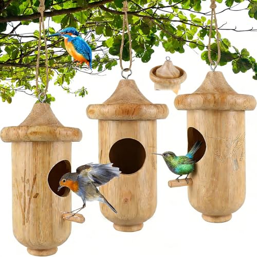 Hummingbird House for Outside Hanging, Small Wooden Hummingbird Gifts Nest 3 Pack with Hemp Ropes, Gardening Gifts Humming Bird Houses Home Decoration