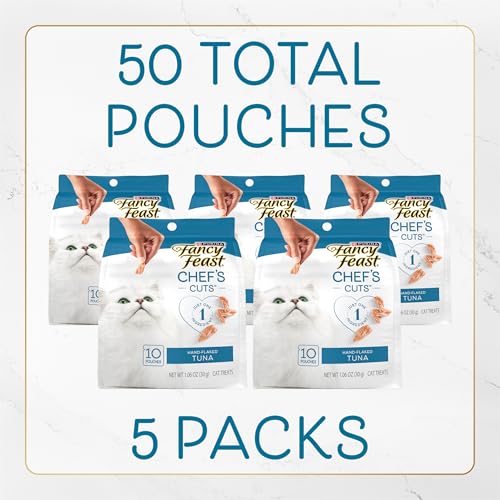 Purina Fancy Feast Purely Hand-Flaked Tuna Cat Treats, Steam-Baked Real Tuna, Pack of 5, 10 Count Pouches