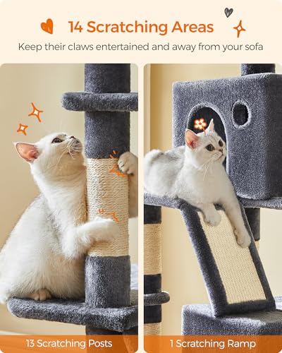 Feandrea Cat Tree, 81.1-Inch Large Cat Tower, Multi-Level Plush Condo with 13 Scratching Posts, 2 Perches, 2 Caves, Basket, Hammock, Pompoms, Smoky