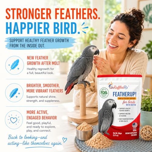 UnRuffledRx FeatherUp! Bird Molting Support & Feather Growth Supplement - for Plucking, Regrowth & Molt - Multivitamin & Amino Acids for All Birds