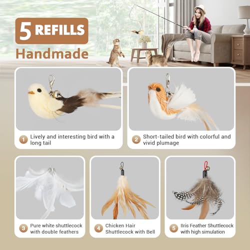 ROSAUI Cat Teaser Wand Toys, Interactive Bird Toys for Indoor Kittens, 42.15’’ Long Cat Fishing Pole Toys, 2Pcs Wires and 5Pcs Natural Refills