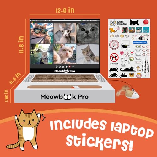 Cat Scratcher Laptop Cat Toy with 'Mouse' Jingle Ball, Stickers, 3-in-1 Cardboard Cat Interactive Toy, Kitten Cardboard Scratching Pad