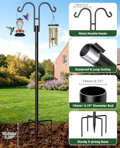 Double Shepherds Hooks, 76 Inch Bird Feeder Pole with 5-Prong Base, 3/4 Inch Thick Heavy Duty Adjustable Garden Hooks for Hanging Plants, Hummingbird