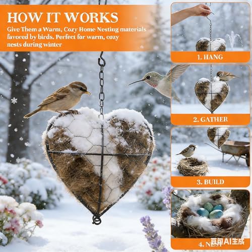 2026 new Handmade Alpaca Fiber Bird nest Heart, Bird nest Material Frame, Winter Wild Bird Tree House, Hummingbird nest Box Outdoor Garden Art Bird
