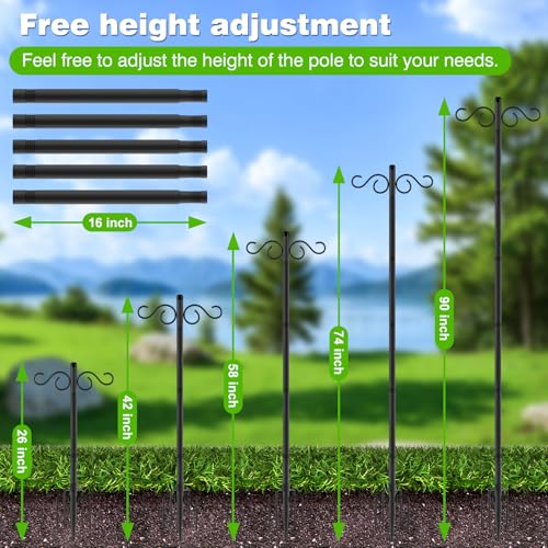 Double Shepherds Hooks for Outdoor,2 Pack 90 Inch Bird Feeder Pole with 5 Prongs Base,Heavy Duty Shepherds Hook,Suitable for Garden in Hanging Flower
