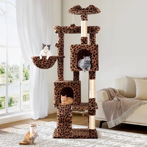 Allewie 64 Inches Cat Tree Tower/Multi-Level Activity Center for Indoor Big Felines/2 Plush Condos/2 Perchs/Basket/House/Sisal Scratching