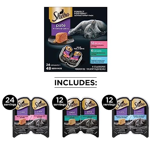 Sheba Perfect Portions Wet Cat Food Pate with Sustainable Salmon, Signature Seafood Entree, and Tender White Fish and Tuna Entree Variety Pack, 2.6