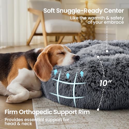 JOLLYVOGUE Calming Dog Beds Extra Large Sized Dog, 45in Donut Washable Large Pet Bed, Anti-Slip & Anti-Anxiety Fluffy Faux Fur Round Dogs Bed, Fits