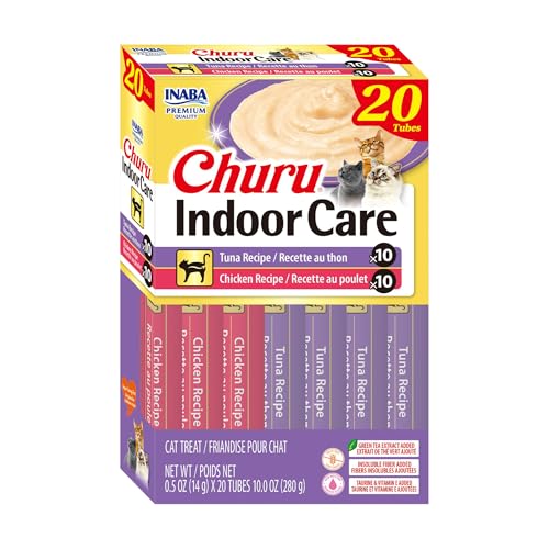 INABA Churu Indoor Care for Hairball Control, Functional Lickable Cat Treat with Taurine & Green Tea Extract, 0.5oz Each, 20 Tubes Total, Tuna
