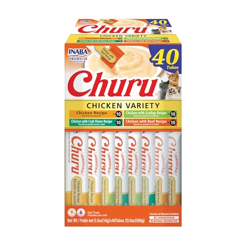 INABA Churu Cat Treats, Lickable, Squeezable Creamy Purée Cat Treat with Green Tea Extract & Taurine, 0.5 Ounces Each Tube, 40 Tubes, Chicken Variety