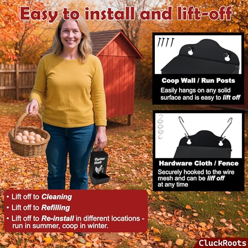 CluckRoots Chicken Grit and Oyster Shell Feeder Combo, No-Spill Weatherproof Heavy-Duty Design, Lift-Off Wall-Mounted Metal Dispenser w/View Window