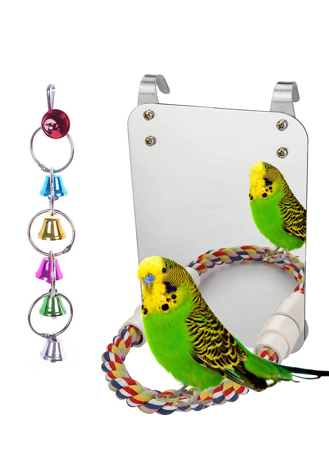 7" Bird Mirror with Rope Perch Bird Toys Swing, Comfy Perch for Greys s Parakeet Cockatiel Conure Lovebirds Finch Canaries