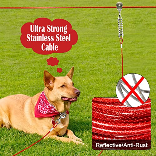 100FT Dog Runner for Yard with 15FT Tie Out Cable - Heavy Duty Trolley System for Large Dogs Up to 250LBS, Backyard/Park/Camping Use (Red, 100FT+15FT)
