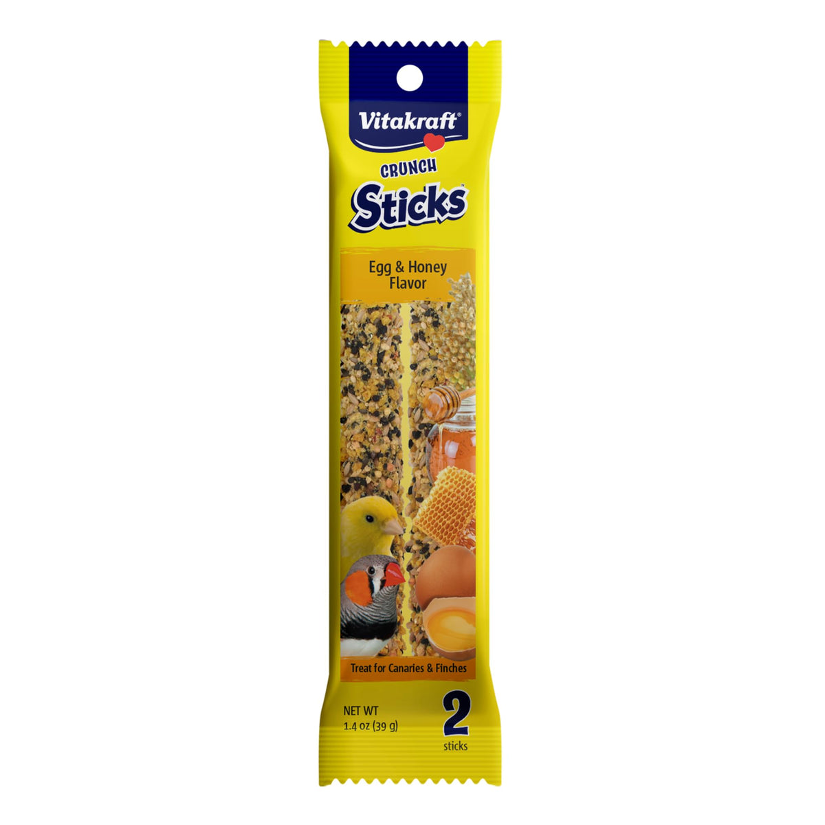 Vitakraft Crunch Sticks Parakeet Treats Egg and Honey Flavor 2 Pack - Long Lasting Seed Stick with Natural Wood Center Clip Holder and Nutritious