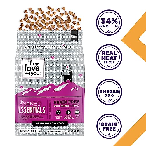 I and love and you Naked Essentials Dry Cat Food - Salmon + Trout - Grain Free, Real Meat, No Fillers, Prebiotics + Probiotics, 3.4lb Bag