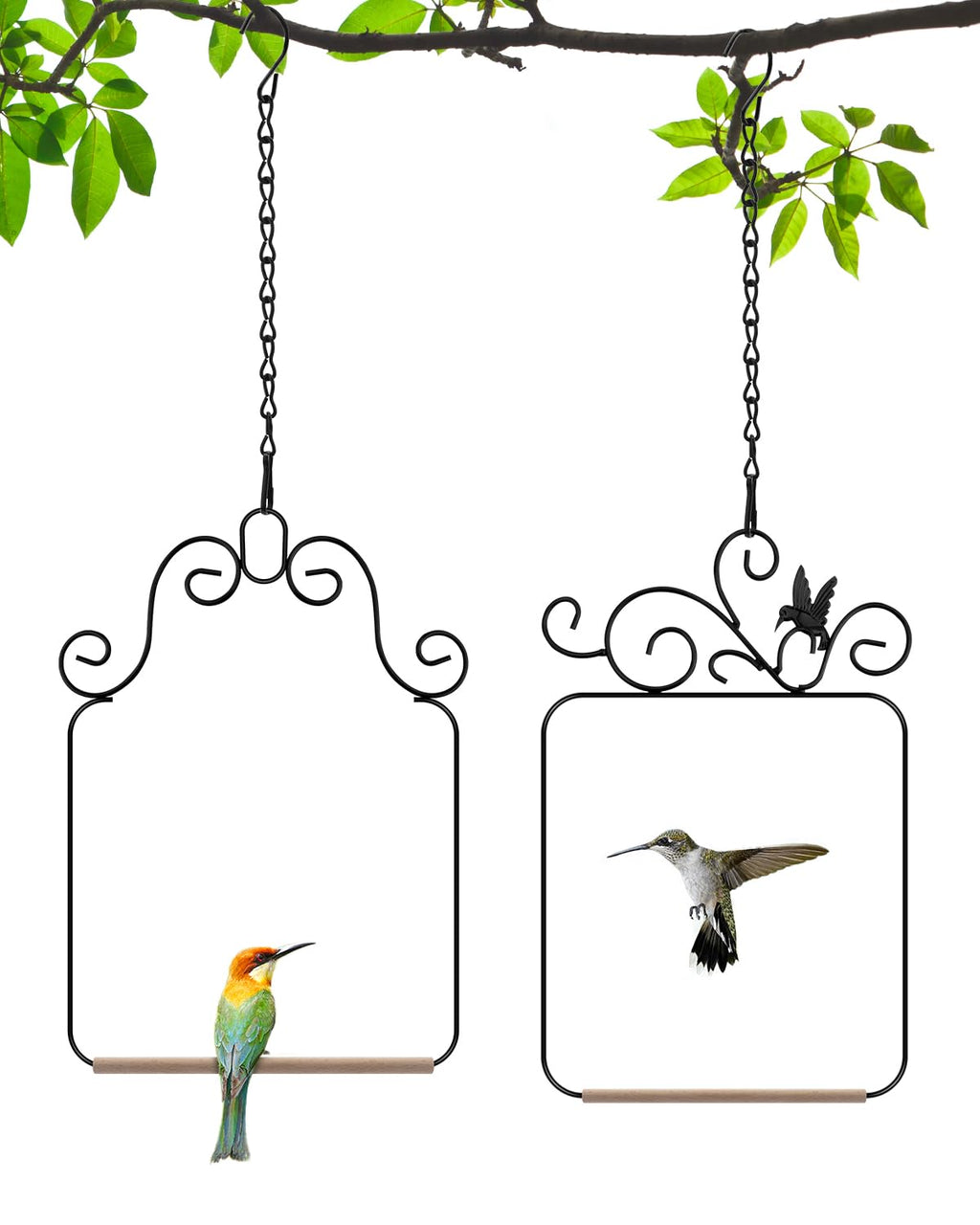 PACETAP Hummingbird Swings and Perches Metal Frame 2 Pack, Wild Bird Swing Outdoor Bird Perch with Wooden Dowel and 2 Hanging Chain for Hanging