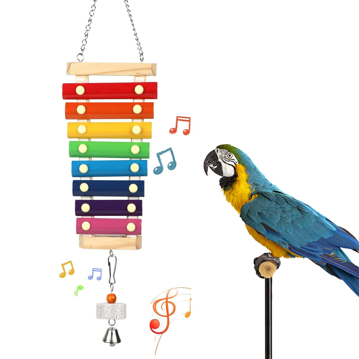 Large Parrot Suspensible Xylophone Toy, Multicolored Natural Wooden Bird Chewing Toys with Grinding Stone for Large, Medium Birds, Macaws, African