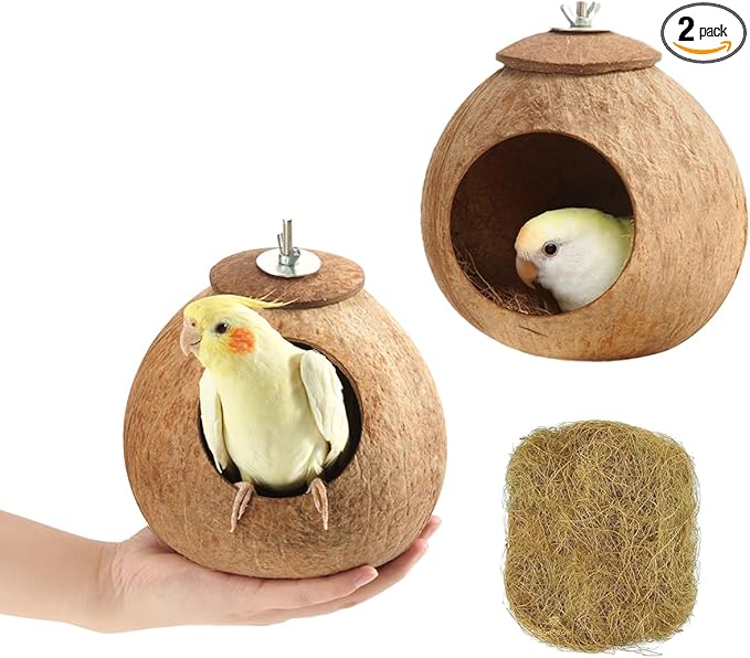 Bird Nest for Cage Natural Coconut Shell Birds House 2 Pack Parakeet Hide Breeding Hut Bird Cage Accessories & Decor Hamster Toys for Parrot