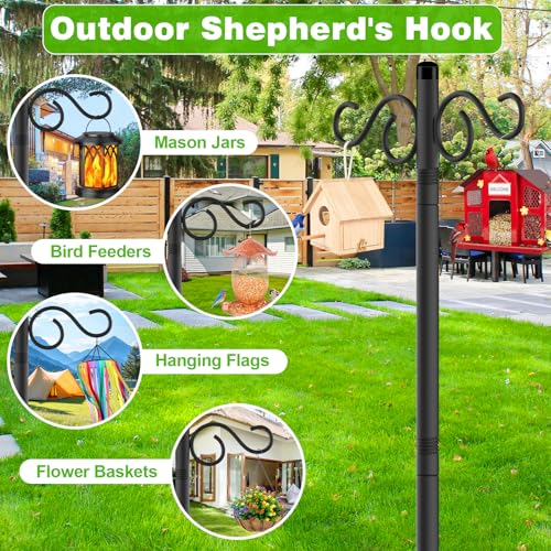 Double Shepherds Hooks for Outdoor,2 Pack 90 Inch Bird Feeder Pole with 5 Prongs Base,Heavy Duty Shepherds Hook,Suitable for Garden in Hanging Flower