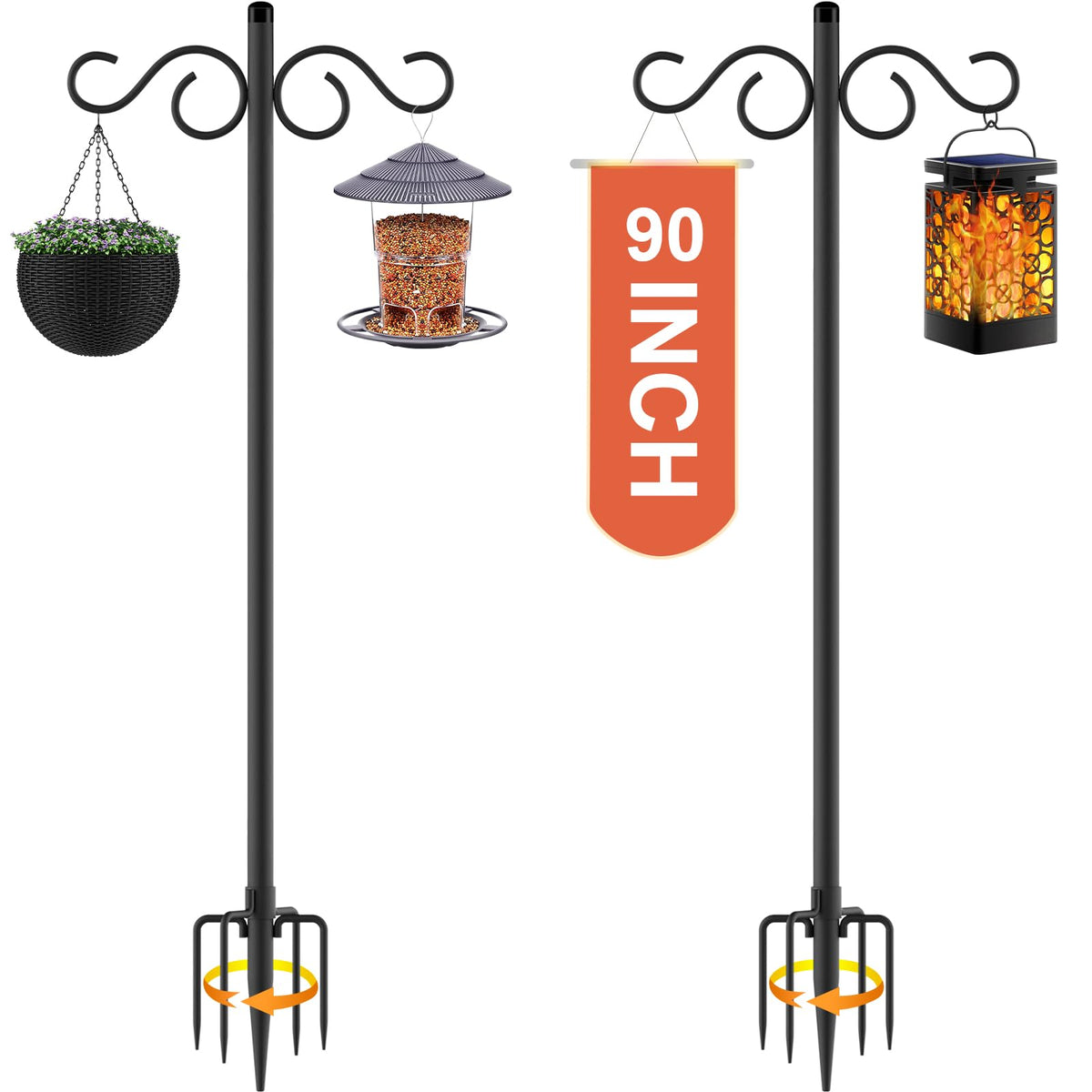 Double Shepherds Hooks for Outdoor,2 Pack 90 Inch Bird Feeder Pole with 5 Prongs Base,Heavy Duty Shepherds Hook,Suitable for Garden in Hanging Flower