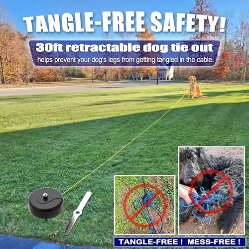 30ft Dog Tie Out Cable and Stake, 360°No Tangle Heavy Spiral Dog Steel Anchor and Retractable Leash for Small to Large Dogs Up to 10-90 lbs Lead for