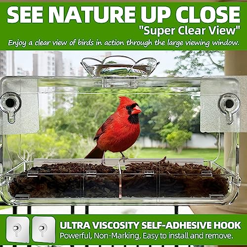 Window Bird Feeder with Non-Marking Self-Adhesive Hooks, Clear and Transparent, Outdoor Wild Bird Watching Gift, Garden Decor (Standard)