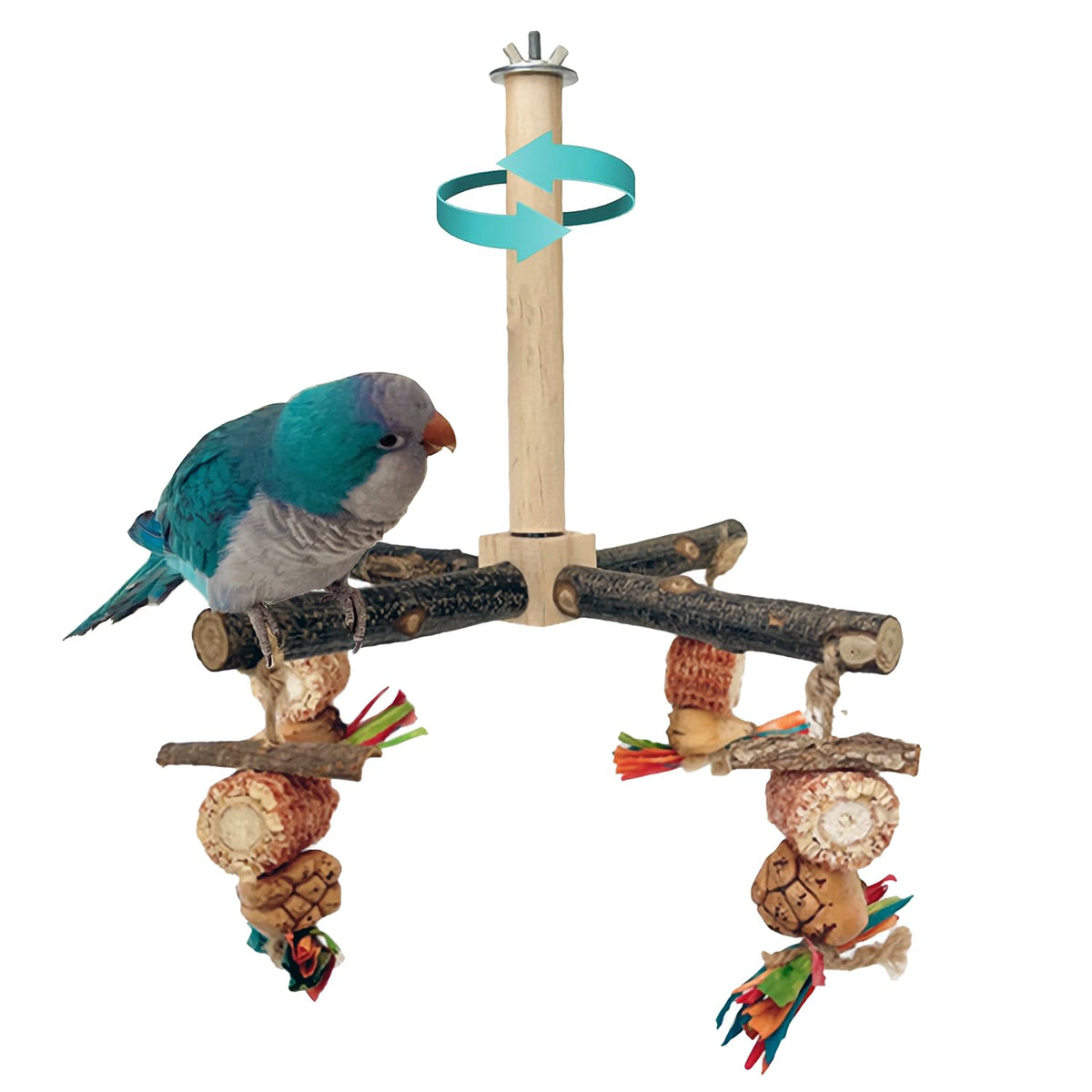 Bird Perch 360° Rotating Perch with Natural Chew Toys - Spinning Bird Toys Cage Accessories- Parrot Wooden Stand for Small and Medium Birds
