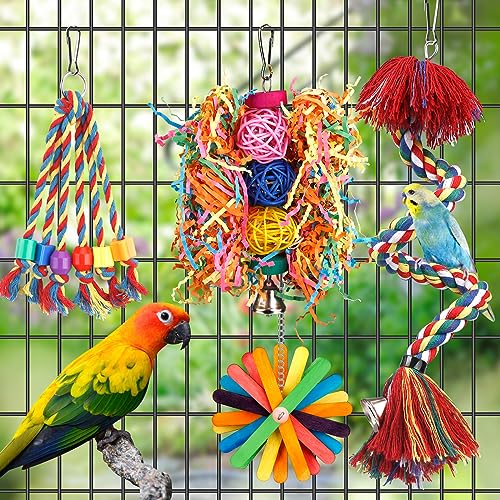 Bird Toys Rope Perch with Bell Colorful Bird Chewing Shredding Foraging Toys Parrot Swing Climbing Standing Hanging Toys Cage Accessories for Conure